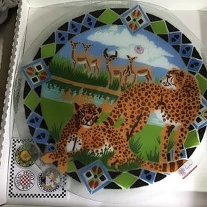 Vintage RARE SIGNED Peggy Karr Leopards  and Antelope Plate 13.5” Round